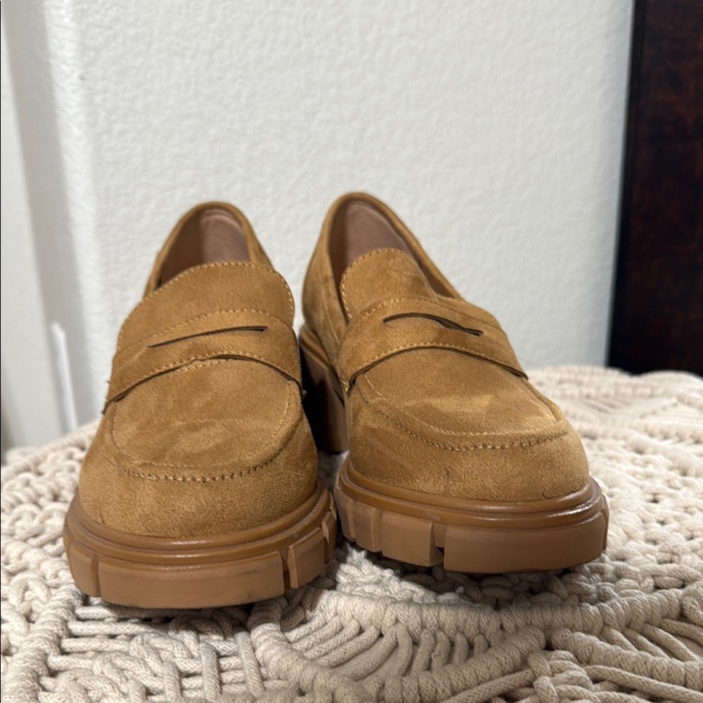 Tan Slip-On Flats with Chunky Sole and Suede Finish